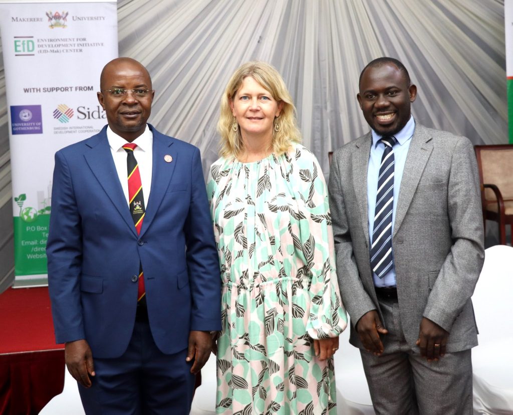 Left to Right: Prof. Edward Bbaale, Ambassador Maria Håkansson and Dr. Peter Babyenda. EfD Uganda, Makerere University, Kampala Uganda, East Africa graduation of Third Cohort of the Inclusive Green Economy (IGE) Capacity Building Program Fellows, 7th August 2024, Kampala Sheraton Hotel.