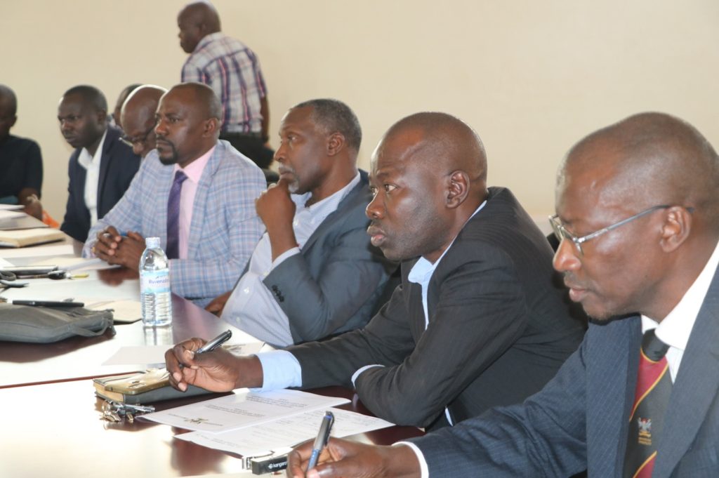 (R-L) The Principal Prof Frank Norbert Mwiine, Deputy Principal, Dr. James Acai-Okwee, Dean SVA, Prof. Robert Tweyongyere, Procurement officer, and other staff attended the meeting. Makerere University Finance Planning, Administration, and Investment Committee (FPAIC) of Council led by Mr. Bruce Kabaasa inspection visit to the College of Veterinary Medicine, Animal Resources, and Biosecurity (CoVAB), Makerere University, Kampala Uganda, East Africa.