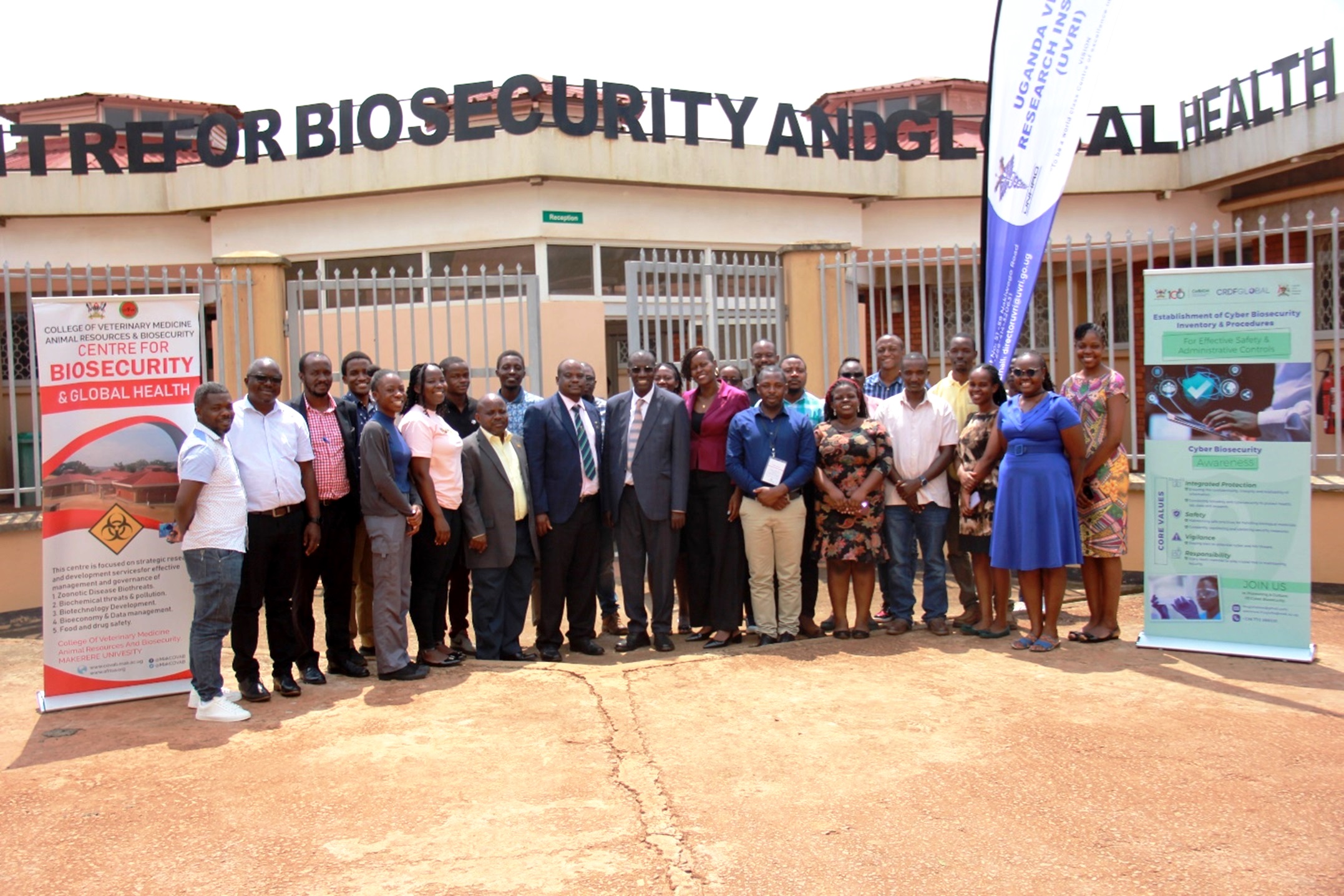 A group photo of participants during the Cyberbiosecurity Workshop on 16th August, 2024 at the Centre for Biosecurity and Global Health, CoVAB, Makerere University. Makerere University and Uganda Virus Research Institute Pilot Cyberbiosecurity Project to Safeguard Laboratory Facilities, Workshop, 16th August 2024, Centre for Biosecurity and Global Health, Kampala Uganda, East Africa.