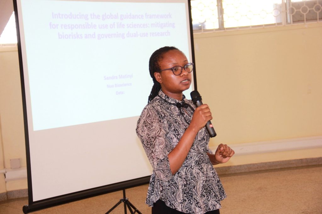 Sandra Matinyi, Co-founder and Executive Director of Nuo Bioscience, sharing critical insights on the global guidance framework for the responsible use of life sciences. Makerere University and Uganda Virus Research Institute Pilot Cyberbiosecurity Project to Safeguard Laboratory Facilities, Workshop, 16th August 2024, Centre for Biosecurity and Global Health, Kampala Uganda, East Africa.