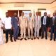 The Ag. DVCFA-Prof. Henry Alinaitwe (4th R), Incoming DVCAA-Prof. Buyinza Mukadasi (5th R), Outgoing DVCAA-Assoc. Prof. Umar Kakumba (5th L) and members of Management at the handover ceremony on 2nd August 2024.