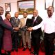 Ag. Vice Chancellor, Prof. Buyinza Mukadasi (3rd R) with Left to Right: Mr. Yusuf Kiranda, Prof. Dorothy Okello, Prof. Moses Musinguzi, Canon Goddy Muhanguzi Muhumuza and another official at the handover of equipment by EACREEE on 14th August 2024. Makerere University on 14th August 2024 received portable lighting test equipment from the East African Centre of Excellence for Renewable Energy and Efficiency (EACREEE), the execution partner of the Energy Efficient Lighting and Appliances (EELA) project in East and Southern Africa.