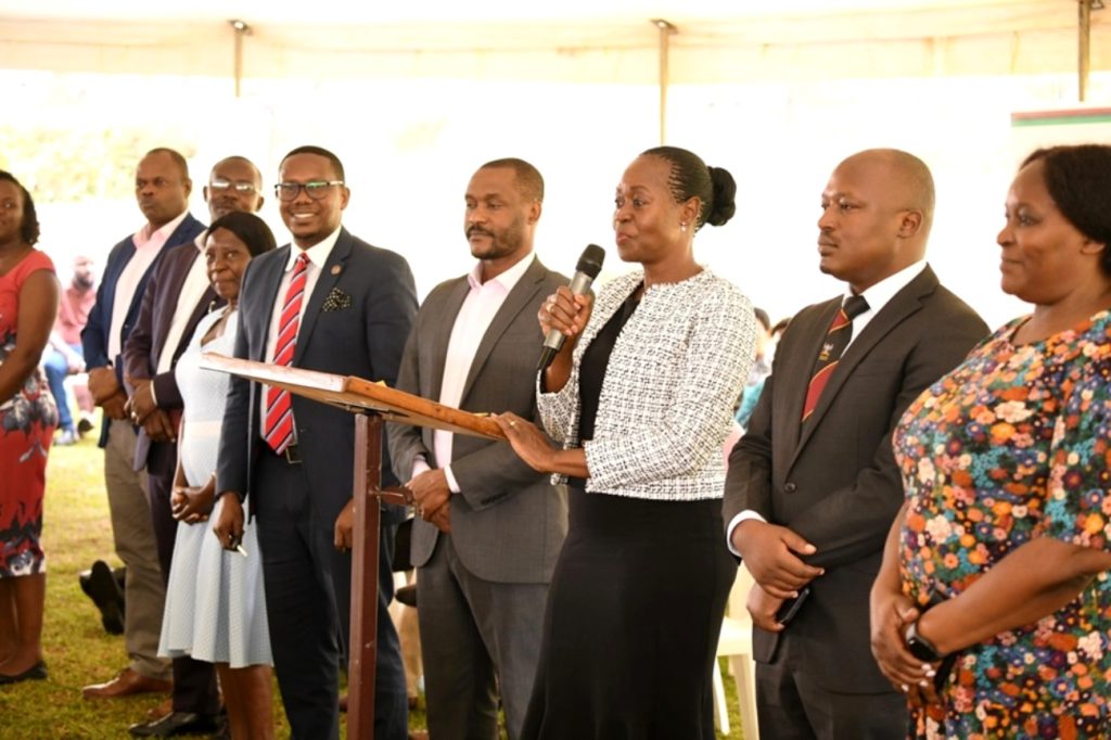 Dean of Students Dr. Winifred Kabumbuli (holding microphone), accompanied by Wardens of the various Halls of Residence. Freshers Orientation for Academic Year 2024/2025, 5th August 2024. Freedom Square, Makerere University, Kampala Uganda, East Africa.