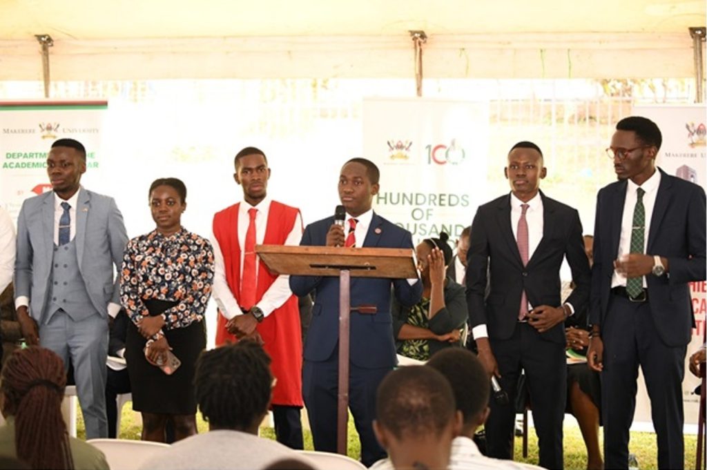 Guild President H.E. Lubega Nsamba (holding microphone) in the company of some of the members of the Guild Cabinet. Freshers Orientation for Academic Year 2024/2025, 5th August 2024. Freedom Square, Makerere University, Kampala Uganda, East Africa.