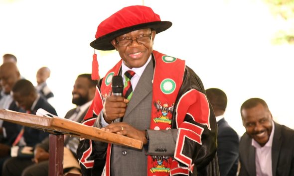 Prof. Buyinza Mukadasi, the Acting Deputy Vice-Chancellor (Academic Affairs)/Academic Registrar, delivers his remarks at the Freedom Square. Freshers Orientation for Academic Year 2024/2025, 5th August 2024. Freedom Square, Makerere University, Kampala Uganda, East Africa.