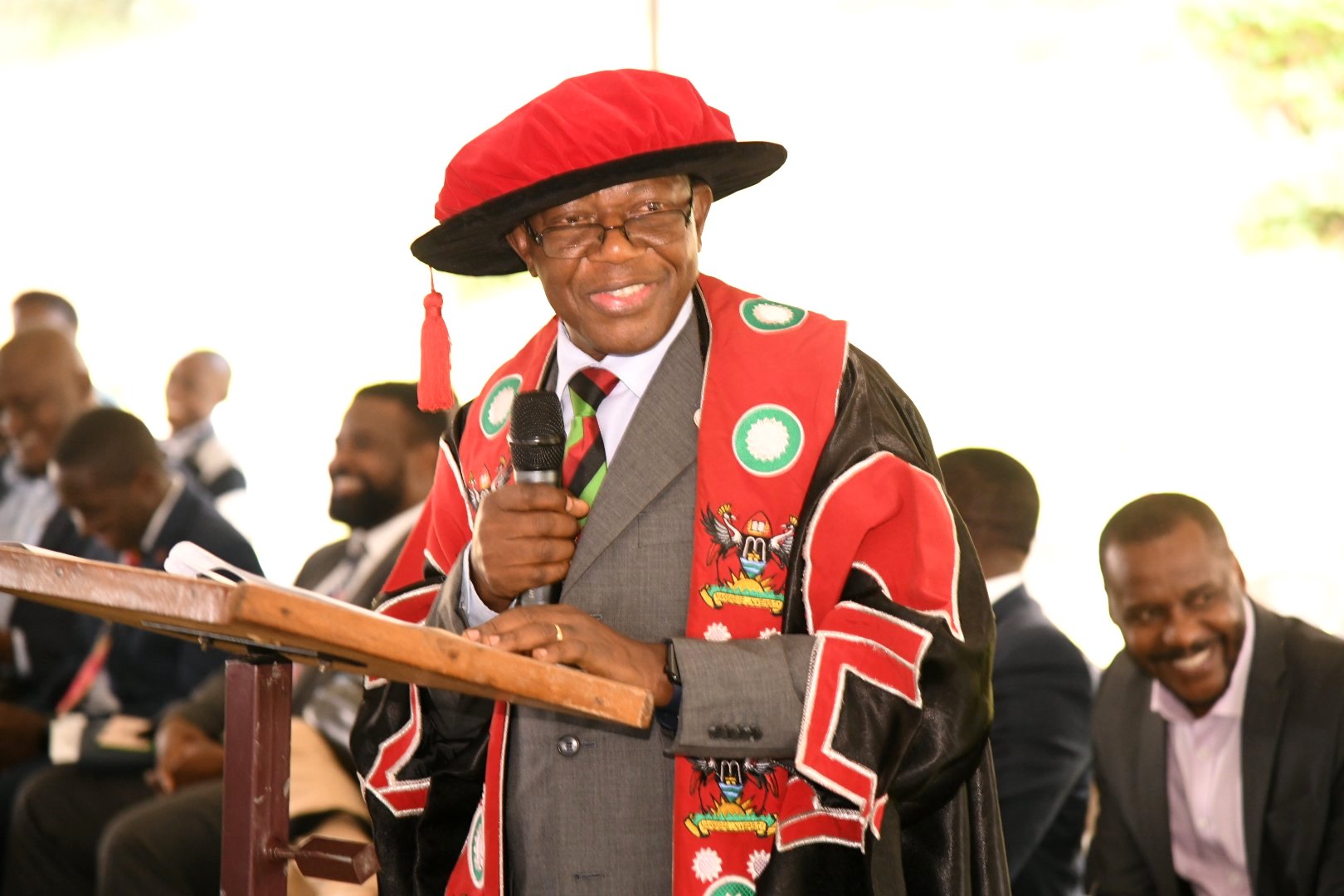 Prof. Buyinza Mukadasi, the Acting Deputy Vice-Chancellor (Academic Affairs)/Academic Registrar, delivers his remarks at the Freedom Square. Freshers Orientation for Academic Year 2024/2025, 5th August 2024. Freedom Square, Makerere University, Kampala Uganda, East Africa.