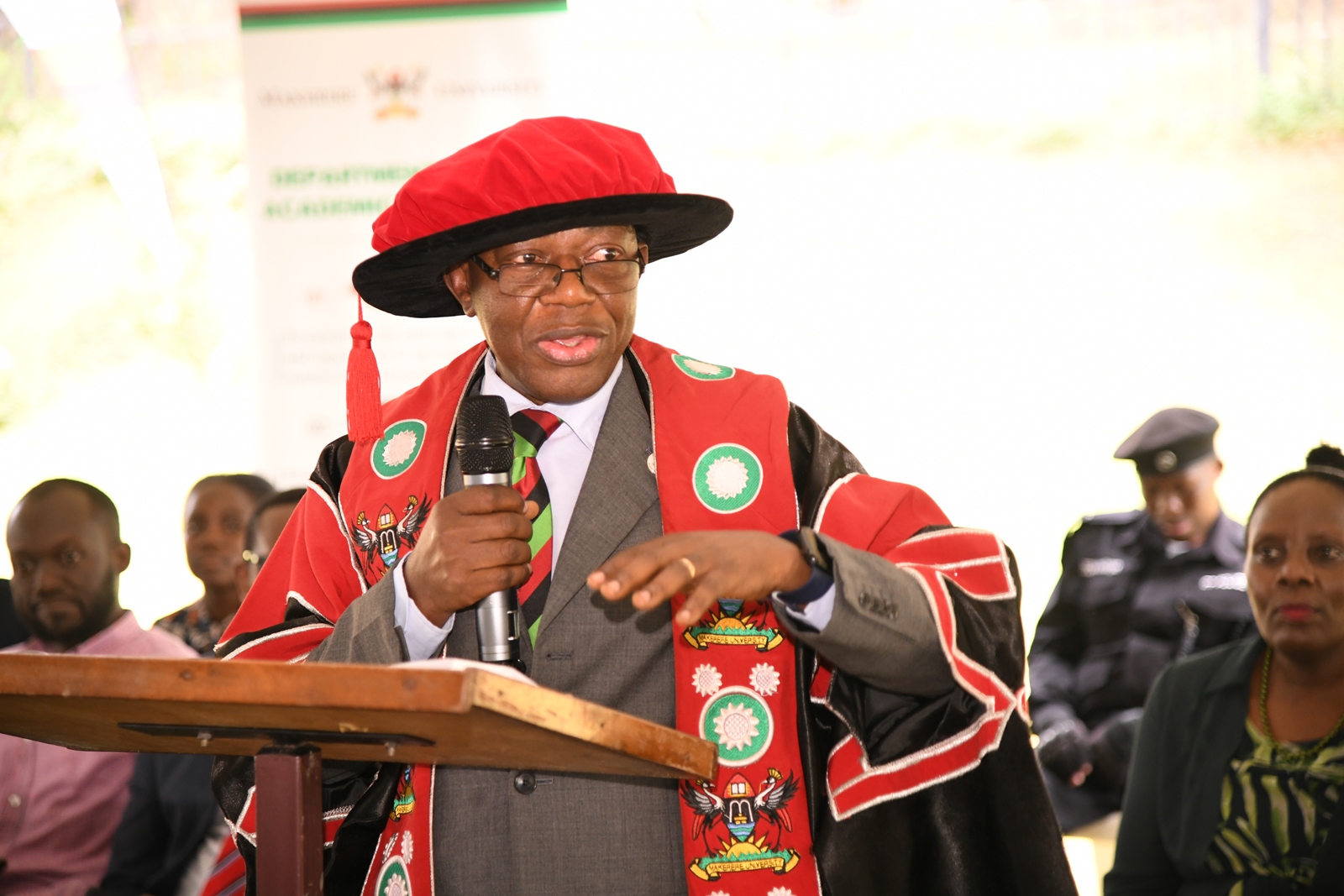 The Acting Deputy Vice Chancellor (Academic Affairs), Prof. Buyinza Mukadasi addresses Freshers at the 2024/2025 Orientation on 5th August 2024. Freedom Square, Makerere University, Kampala Uganda, East Africa.