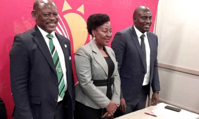 Left to Right: Prof. Barnabas Nawangwe, Prof. Gorettie Nabanoga and Prof. Kenneth Matengo pose for a group photo after signing the MoU on 13th August 2024. Renewal of Memorandum of Understanding (MoU) between Makerere University and University of Namibia (UNAM) on 13th August 2024 on the sidelines of the Second RUFORUM Triennial Conference hosted by the Government of Namibia and RUFORUM member Universities in Namibia, 12-16 August, 2024, Windhoek under the theme “Operationalising Higher Agricultural Education and Research Ecosystems for Innovation, Industrialisation, and Economic Development in Africa: A Call for Action.