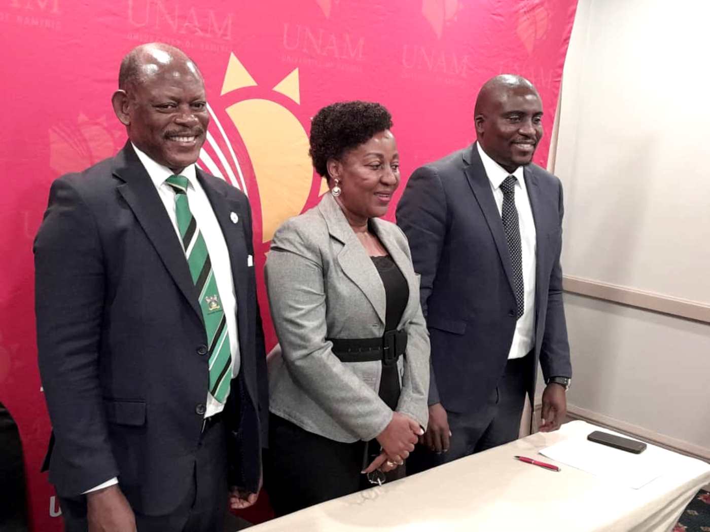 Left to Right: Prof. Barnabas Nawangwe, Prof. Gorettie Nabanoga and Prof. Kenneth Matengo pose for a group photo after signing the MoU on 13th August 2024. Renewal of Memorandum of Understanding (MoU) between Makerere University and University of Namibia (UNAM) on 13th August 2024 on the sidelines of the Second RUFORUM Triennial Conference hosted by the Government of Namibia and RUFORUM member Universities in Namibia, 12-16 August, 2024, Windhoek under the theme “Operationalising Higher Agricultural Education and Research Ecosystems for Innovation, Industrialisation, and Economic Development in Africa: A Call for Action.