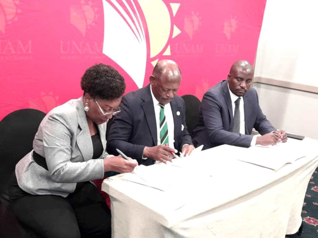 Left to Right: Prof. Gorettie Nabanoga, Prof. Barnabas Nawangwe and Prof. Kenneth Matengo renew the MoU between Mak and UNAM. Renewal of Memorandum of Understanding (MoU) between Makerere University and University of Namibia (UNAM) on 13th August 2024 on the sidelines of the Second RUFORUM Triennial Conference hosted by the Government of Namibia and RUFORUM member Universities in Namibia, 12-16 August, 2024, Windhoek under the theme “Operationalising Higher Agricultural Education and Research Ecosystems for Innovation, Industrialisation, and Economic Development in Africa: A Call for Action.