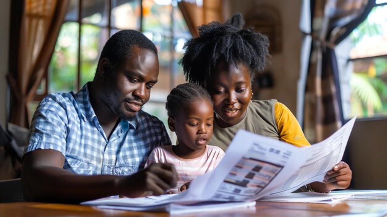 A family of three a father mother and daughter sit at a table looking at a newspaper. This photo was generated with AI.