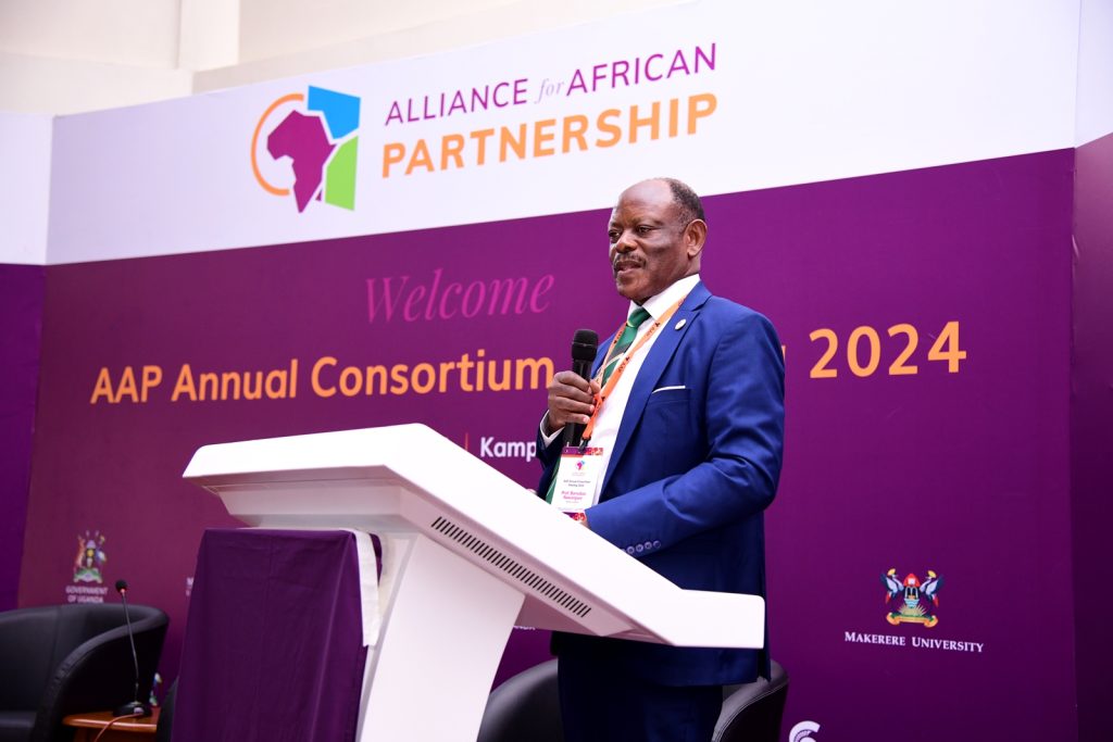 Prof. Barnabas Nawangwe delivers the opening remarks at the AAP Dialogue. Alliance for African Partnership (AAP) of Michigan State University (MSU) Annual Consortium Meeting. Hosted by Makerere University in the School of Public Health Conference Hall, Kampala Uganda, East Africa 9th-11th September 2024.