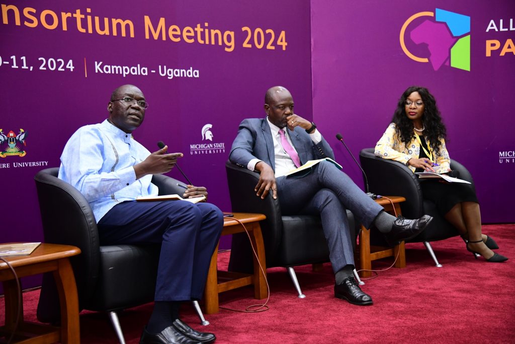 Left to Right: Dr. Patrick Okori, Prof. Richard Tabulawa and Prof. Flavia Senkubuge during the panel discussion. Alliance for African Partnership (AAP) of Michigan State University (MSU) Annual Consortium Meeting. Hosted by Makerere University in the School of Public Health Conference Hall, Kampala Uganda, East Africa 9th-11th September 2024.