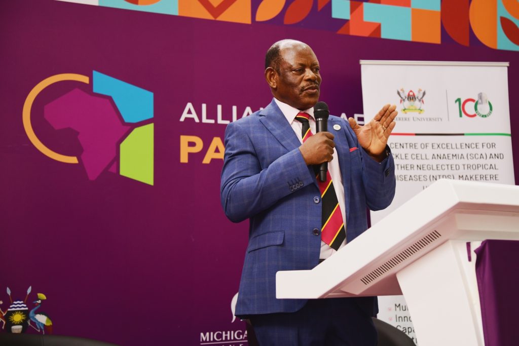 Prof. Barnabas Nawangwe welcomes participants to the meeting. Alliance for African Partnership (AAP) of Michigan State University (MSU) Annual Consortium Meeting. Hosted by Makerere University in the School of Public Health Conference Hall, Kampala Uganda, East Africa 9th-11th September 2024.