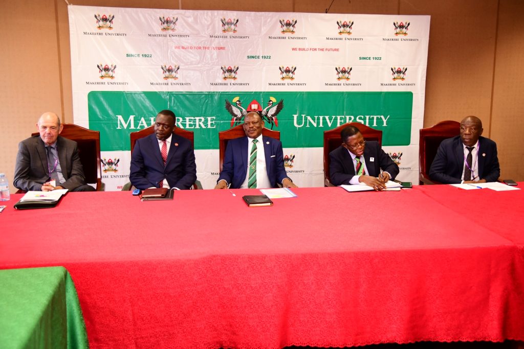 Prof. Barnabas Nawangwe (Centre) with Right to Left: Prof. Henry Alinaitwe, Prof. Buyinza Mukadasi, Mr. Yusuf Kiranda and Prof. Steven Hanson during the interactions. Alliance for African Partnership (AAP) of Michigan State University (MSU) Annual Consortium Meeting. Hosted by Makerere University in the School of Public Health Conference Hall, Kampala Uganda, East Africa 9th-11th September 2024.