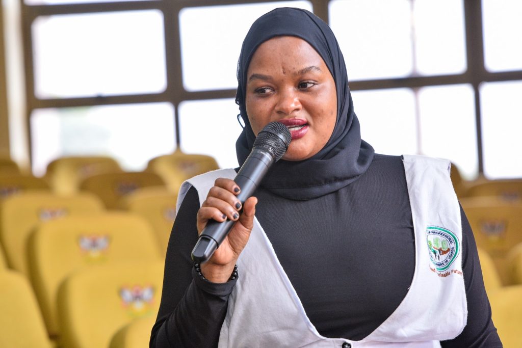 Ms. Hafsa Namuli, Senior Planning Officer, Wakiso District making her submission during a panel discussion on policy and planning for resilience within urban settings. Leiden-Delft-Erasmus East Africa Research Network (LEARN) in collaboration with the Urban Action Lab at Makerere University a workshop to deliberate strategies for mitigating the impacts of climate change in urban centres in the East African Region, Theme: “Resilient Urban Futures: Adapting Livelihoods to Climate Change”, 4th-5th September 2024, School of Public Health Auditorium, Kampala Uganda.