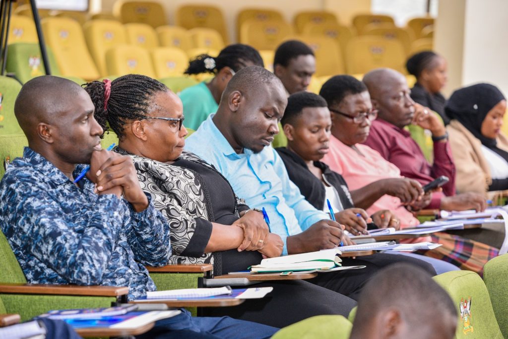 Some of the participants following the proceedings of the workshop. Leiden-Delft-Erasmus East Africa Research Network (LEARN) in collaboration with the Urban Action Lab at Makerere University a workshop to deliberate strategies for mitigating the impacts of climate change in urban centres in the East African Region, Theme: “Resilient Urban Futures: Adapting Livelihoods to Climate Change”, 4th-5th September 2024, School of Public Health Auditorium, Kampala Uganda.