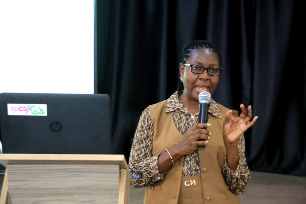 Dr Dorothy Nakimbugwe briefs participants about the value addition process and the food products developed by the project team. Funded to the tune of 7 million euros by the European Commission within the Horizon 2020 programme, and led by Alma Mater Studiorum – University of Bologna (Italy), FoodLAND project Research Dissemination for Wakiso District, 29th July 2024, School of Food Technology, Nutrition and Bioengineering, Conference Hall, Makerere University, Kampala Uganda, East Africa.