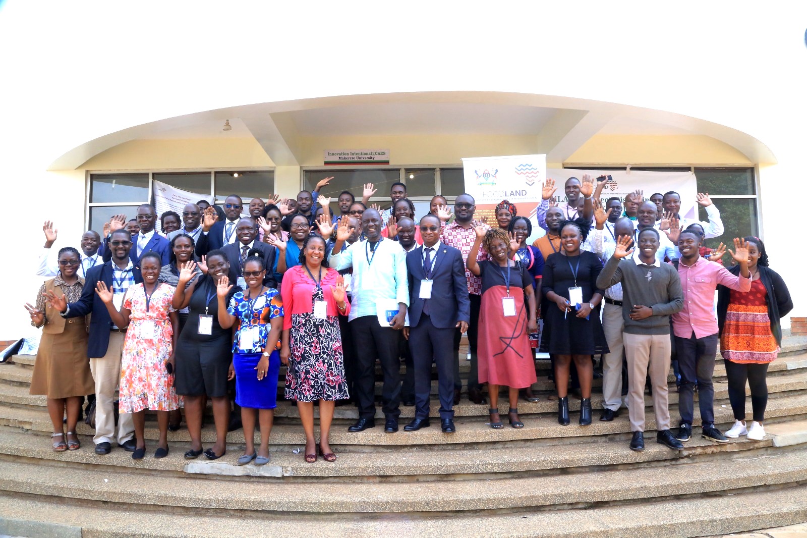 Participants with the representative of the Vice Chancellor, Prof. Julius Kikooma (7th R) during the dissemination workshop held at Makerere University on 29th August 2024. Funded to the tune of 7 million euros by the European Commission within the Horizon 2020 programme, and led by Alma Mater Studiorum – University of Bologna (Italy), FoodLAND project Research Dissemination for Wakiso District, 29th July 2024, School of Food Technology, Nutrition and Bioengineering, Conference Hall, Makerere University, Kampala Uganda, East Africa.