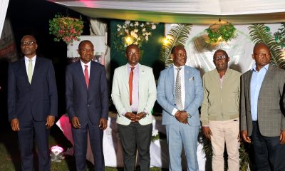 Prof. Barnabas Nawangwe (3rd Right) with Left to Right: Prof. Bruno Yawe, Prof. Eria Hisali, Prof. Edward Bbaale, Dr. Joseph Wasswa Matovu and Dr. Willy Kagarura at the celebration. College of Business and Management Sciences (CoBAMS) celebrates retiring staff and former leaders, 13th September 2024, Makerere University, Kampala Uganda, East Africa.