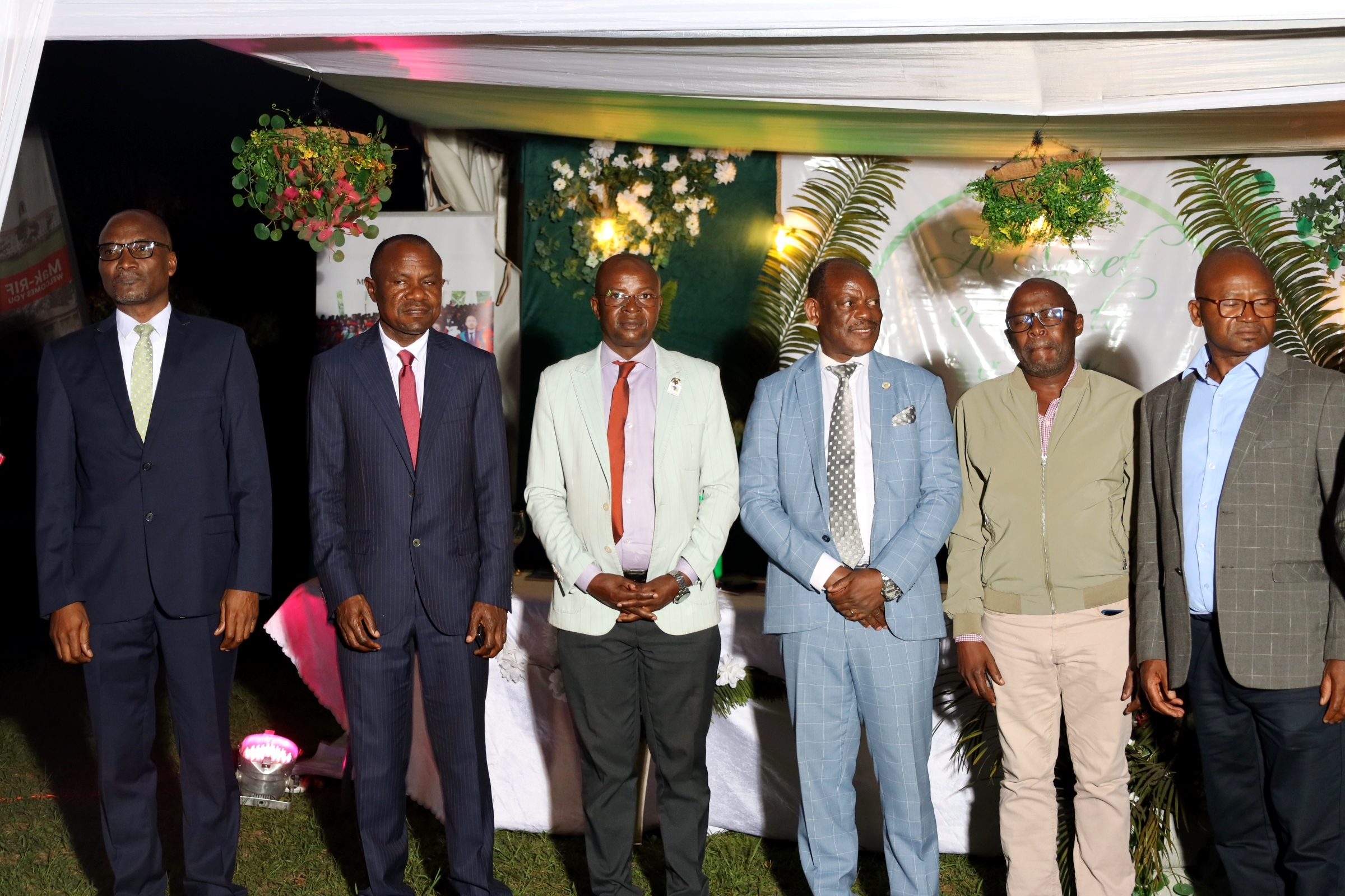 Prof. Barnabas Nawangwe (3rd Right) with Left to Right: Prof. Bruno Yawe, Prof. Eria Hisali, Prof. Edward Bbaale, Dr. Joseph Wasswa Matovu and Dr. Willy Kagarura at the celebration. College of Business and Management Sciences (CoBAMS) celebrates retiring staff and former leaders, 13th September 2024, Makerere University, Kampala Uganda, East Africa.