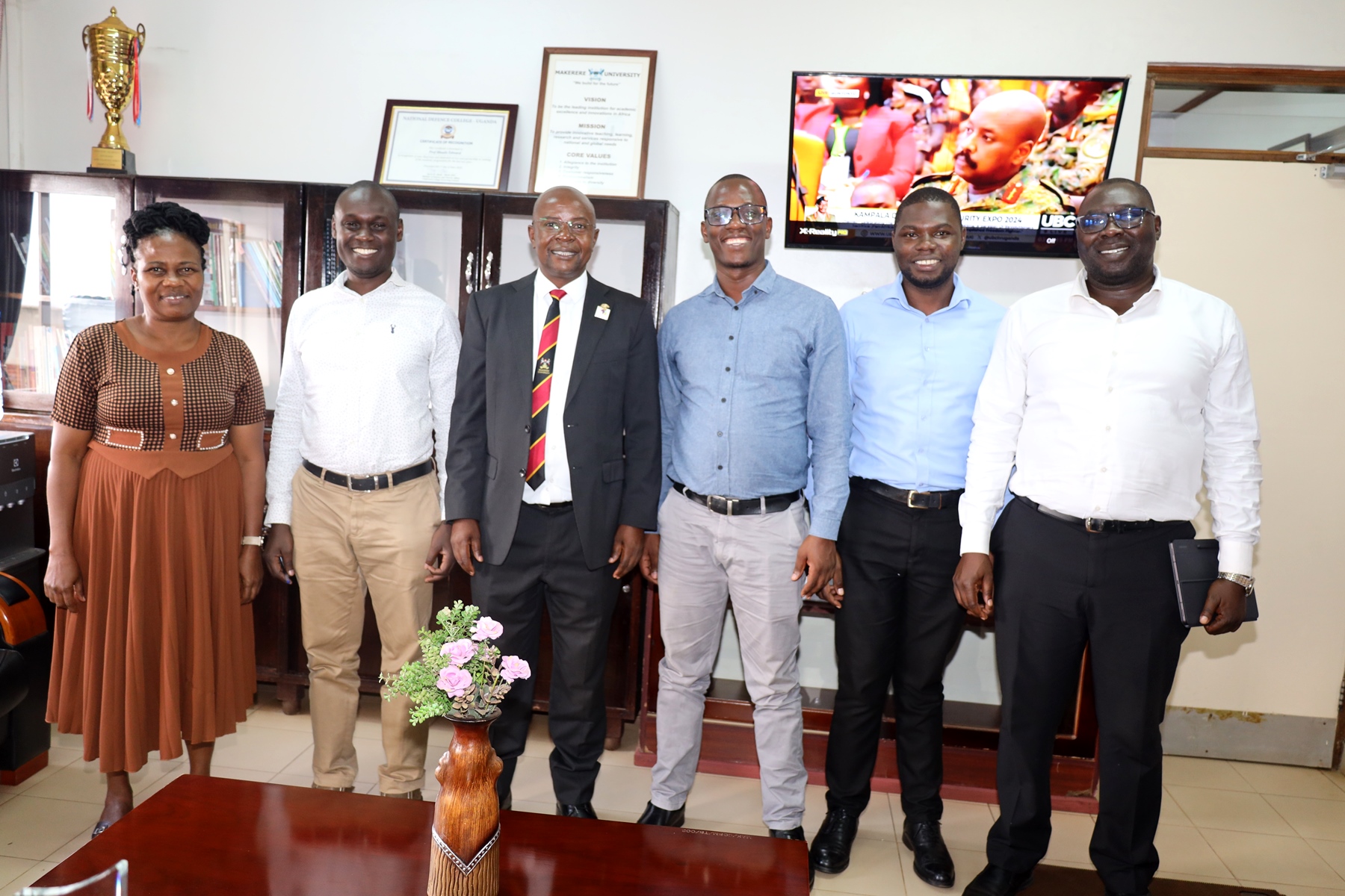 L-R: Dr. Kavuma, Dr. Kintu, Prof. Bbaale, Mr. Agaba, Mr. Ssebuyiira and Mr. Okello. Delegation from the Uganda Revenue Authority (URA), led by Mr. Okello Joseph, visit to the College of Business and Management Sciences (CoBAMS), Makerere University, Kampala Uganda, East Africa, 6th September 2024.