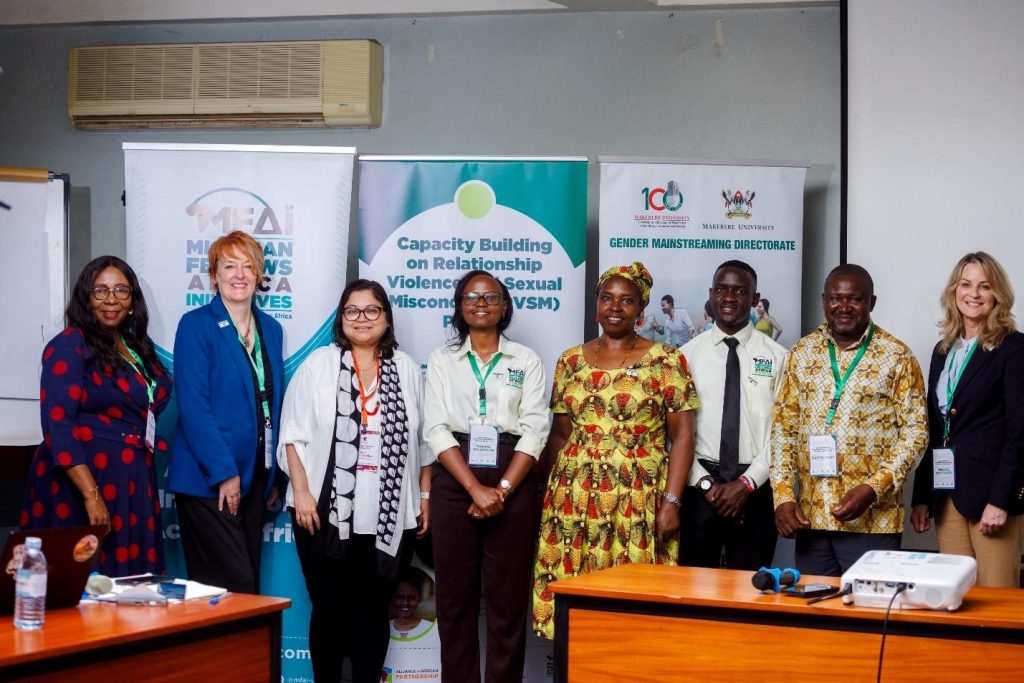 Director Mak GMD Dr. Euzobia Mugisha Baine (4th Right) poses with Staff of Michigan State University (MSU) and Michigan Fellows Africa Initiatives (MFAI) Uganda. Gender Mainstreaming Directorate, in collaboration with Michigan State University (MSU) and the Michigan Fellows Africa Initiative (MFAI) Uganda, symposium aimed at raising awareness among university staff on how to address sexual harassment and related incidents, Telepresence Centre, Senate Building, Makerere University, Kampala Uganda, East Africa 10th September 2024.