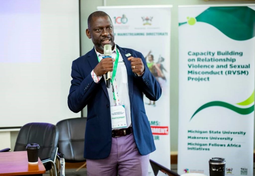 The Guest of Honour, Prof. Julius Kikooma addresses the participants. Gender Mainstreaming Directorate, in collaboration with Michigan State University (MSU) and the Michigan Fellows Africa Initiative (MFAI) Uganda, symposium aimed at raising awareness among university staff on how to address sexual harassment and related incidents, Telepresence Centre, Senate Building, Makerere University, Kampala Uganda, East Africa 10th September 2024.