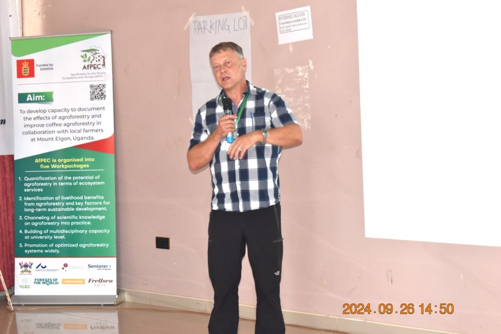 Dr James Johns from Forests of the World delivered a presentation on biomass and carbon sequestration in Uganda’s smallholder agroforestry systems. College of Agricultural and Environmental Sciences (CAES), Makerere University, Kampala Uganda, East Africa, DANIDA-funded Agroforestry for People, Ecosystems and Climate Change (AfPEC) project (March 2024-April 2029) focusing on Mt. Elgon Highlands in Eastern Uganda Inception Meeting in Mbale City, 25th-26th September 2024.