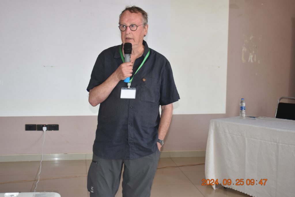 Dr Poul Kroijer (Seniors without Borders) addressing participants at the workshop. College of Agricultural and Environmental Sciences (CAES), Makerere University, Kampala Uganda, East Africa, DANIDA-funded Agroforestry for People, Ecosystems and Climate Change (AfPEC) project (March 2024-April 2029) focusing on Mt. Elgon Highlands in Eastern Uganda Inception Meeting in Mbale City, 25th-26th September 2024.