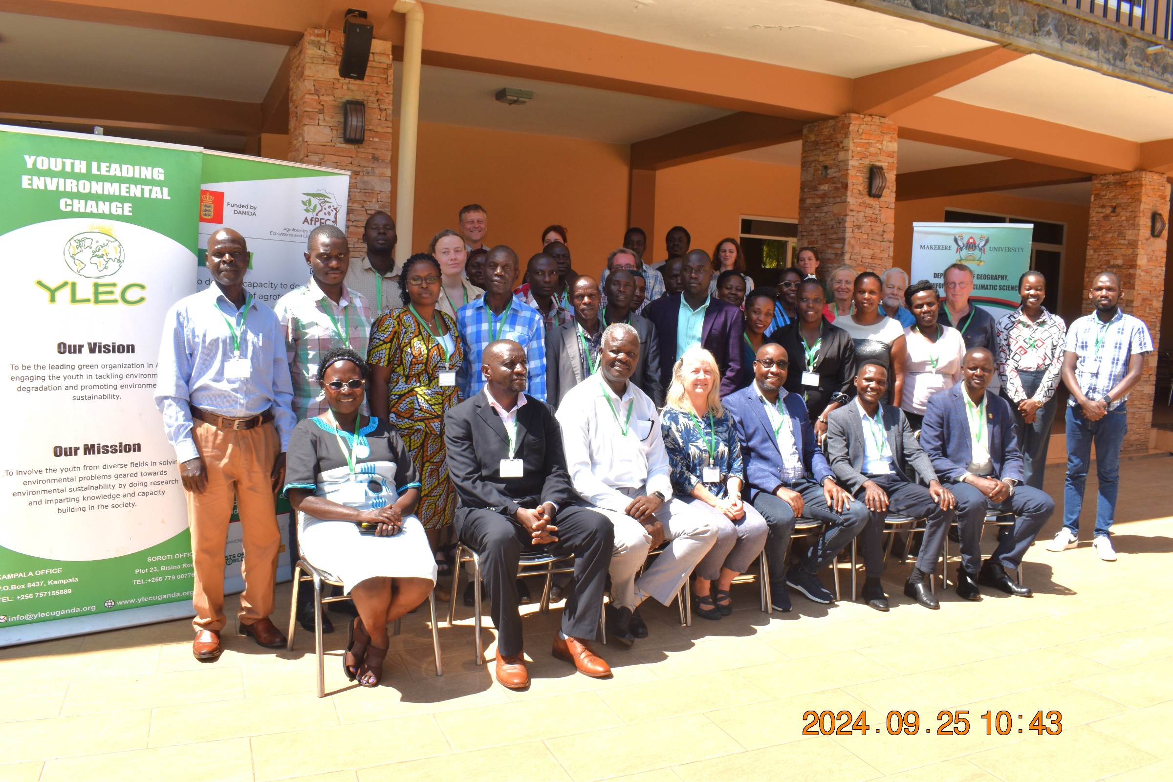 The Project team led by the PI Dr Anne Mette Lykke (seated 4th R) and lead Coordinator at Makerere, Prof. John Tabuti (seated 3rd L) at the workshop venue, Wash & Wills Hotel, Mbale City. College of Agricultural and Environmental Sciences (CAES), Makerere University, Kampala Uganda, East Africa, DANIDA-funded Agroforestry for People, Ecosystems and Climate Change (AfPEC) project (March 2024-April 2029) focusing on Mt. Elgon Highlands in Eastern Uganda Inception Meeting in Mbale City, 25th-26th September 2024.