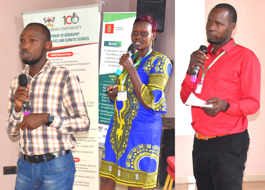 PhD students Patrick, Patricia and Derick presenting their research ideas to participants at the workshop. College of Agricultural and Environmental Sciences (CAES), Makerere University, Kampala Uganda, East Africa, DANIDA-funded Agroforestry for People, Ecosystems and Climate Change (AfPEC) project (March 2024-April 2029) focusing on Mt. Elgon Highlands in Eastern Uganda Inception Meeting in Mbale City, 25th-26th September 2024.