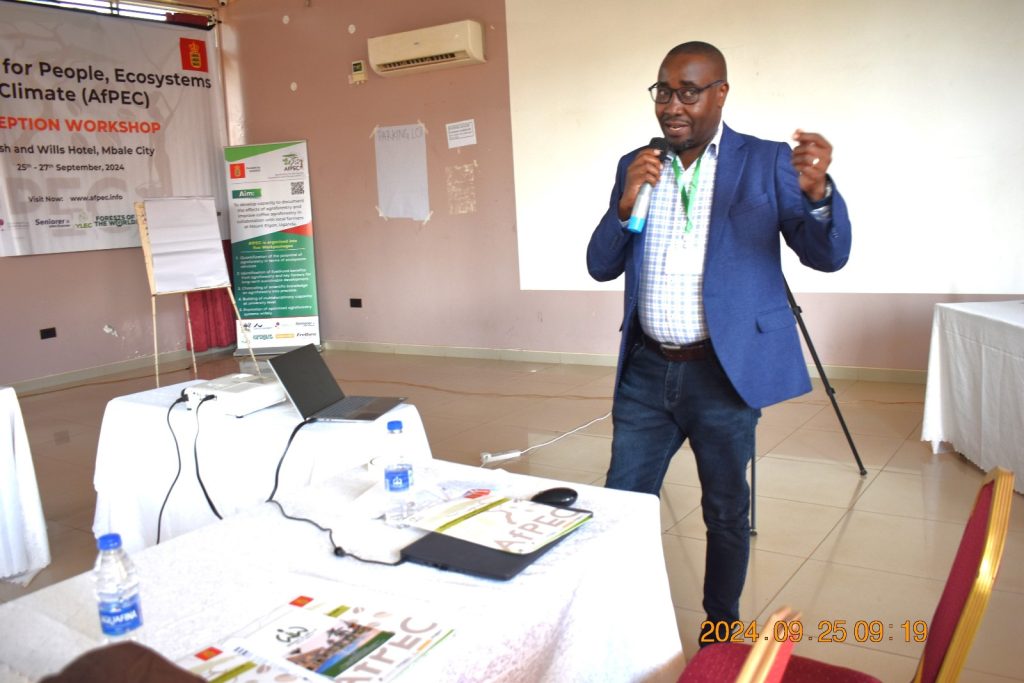 Prof. Mugagga welcoming participants and briefing them about the purpose of the workshop. College of Agricultural and Environmental Sciences (CAES), Makerere University, Kampala Uganda, East Africa, DANIDA-funded Agroforestry for People, Ecosystems and Climate Change (AfPEC) project (March 2024-April 2029) focusing on Mt. Elgon Highlands in Eastern Uganda Inception Meeting in Mbale City, 25th-26th September 2024.