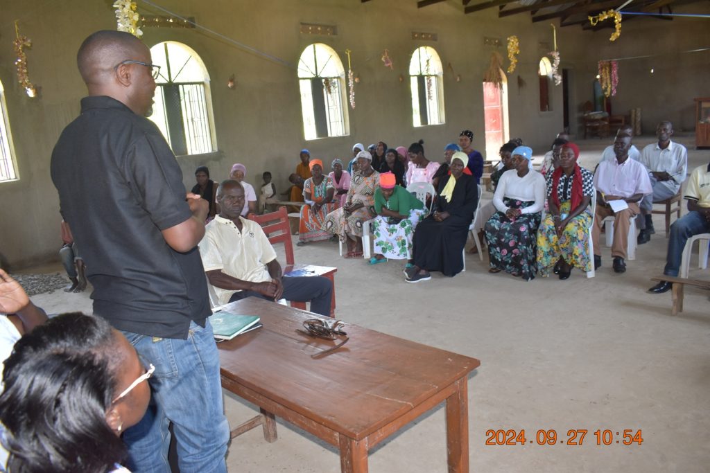 Prof. Mugagga addressing farmer groups in Bufumbo Sub County about the project. College of Agricultural and Environmental Sciences (CAES), Makerere University, Kampala Uganda, East Africa, DANIDA-funded Agroforestry for People, Ecosystems and Climate Change (AfPEC) project (March 2024-April 2029) focusing on Mt. Elgon Highlands in Eastern Uganda Inception Meeting in Mbale City, 25th-26th September 2024.