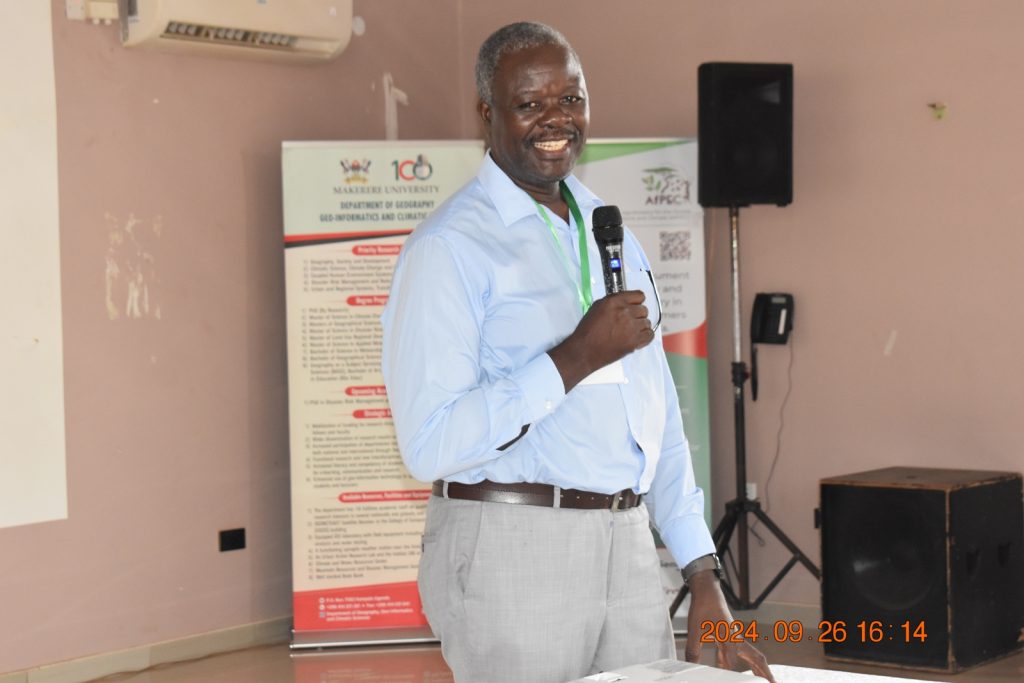 Prof. Tabuti briefing participants about the project. College of Agricultural and Environmental Sciences (CAES), Makerere University, Kampala Uganda, East Africa, DANIDA-funded Agroforestry for People, Ecosystems and Climate Change (AfPEC) project (March 2024-April 2029) focusing on Mt. Elgon Highlands in Eastern Uganda Inception Meeting in Mbale City, 25th-26th September 2024.