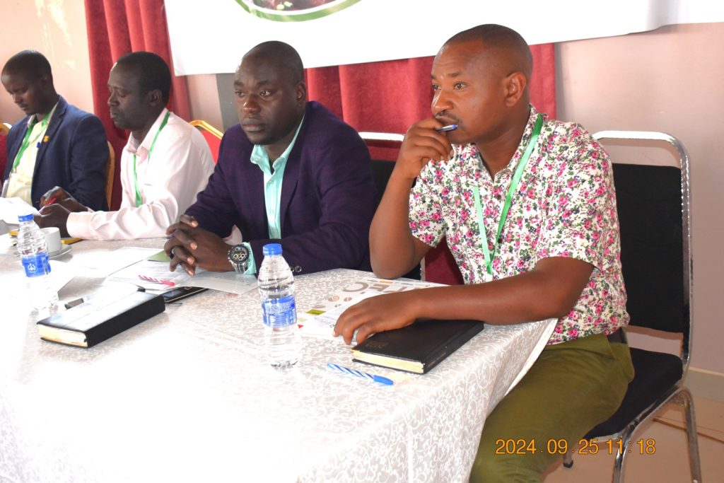 RDCs from the project area, Mr Bululu Alex (Bududa District) and Mr. Bwire James (Mbale) together with Mr Chemonges Joseph representative of cooperative associations in Kapchorwa at the inception meeting. College of Agricultural and Environmental Sciences (CAES), Makerere University, Kampala Uganda, East Africa, DANIDA-funded Agroforestry for People, Ecosystems and Climate Change (AfPEC) project (March 2024-April 2029) focusing on Mt. Elgon Highlands in Eastern Uganda Inception Meeting in Mbale City, 25th-26th September 2024.