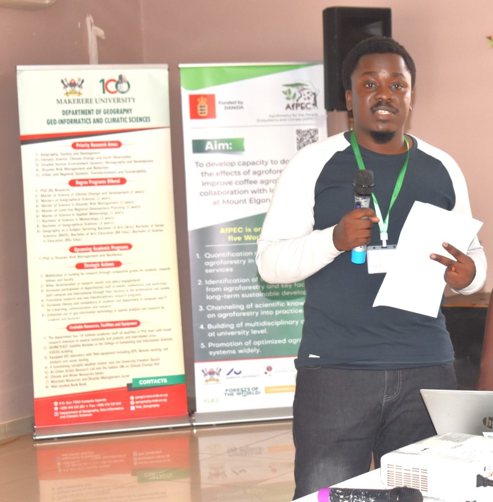 A participant from YLEC sharing his views. College of Agricultural and Environmental Sciences (CAES), Makerere University, Kampala Uganda, East Africa, DANIDA-funded Agroforestry for People, Ecosystems and Climate Change (AfPEC) project (March 2024-April 2029) focusing on Mt. Elgon Highlands in Eastern Uganda Inception Meeting in Mbale City, 25th-26th September 2024.