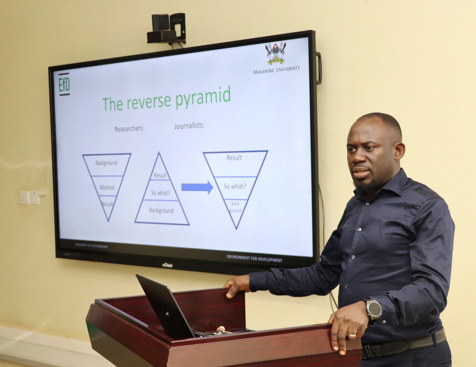 Dr. Peter Babyenda training participants on how to write for research and the media. Environment for Development (EfD) Mak Centre Specialized Training aimed at enhancing 30 researchers' and graduate students' skills in research co-creation, science communication, and policy engagement, 15th October 2024, Yusuf Lule Central Teaching Facility, Makerere University, Kampala Uganda, East Africa.