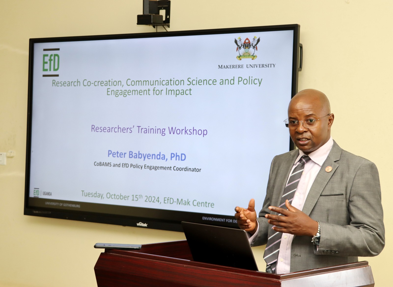 Prof. Edward Bbaale delivering his opening remarks. Environment for Development (EfD) Mak Centre Specialized Training aimed at enhancing 30 researchers' and graduate students' skills in research co-creation, science communication, and policy engagement, 15th October 2024, Yusuf Lule Central Teaching Facility, Makerere University, Kampala Uganda, East Africa.