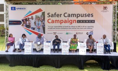 Dr. Euzobia Baine (3rd Right) chairing a panel with speakers from KIU, Mak Jinja Campus, Makerere University Main Campus and MoGLSD. Launch of the "Safer Campuses Campaign," aimed at shattering the silence surrounding Gender-Based Violence (GBV) in partnership with UNESCO, 4th October 2024, Freedom Square, Makerere University, Kampala Uganda, East Africa.