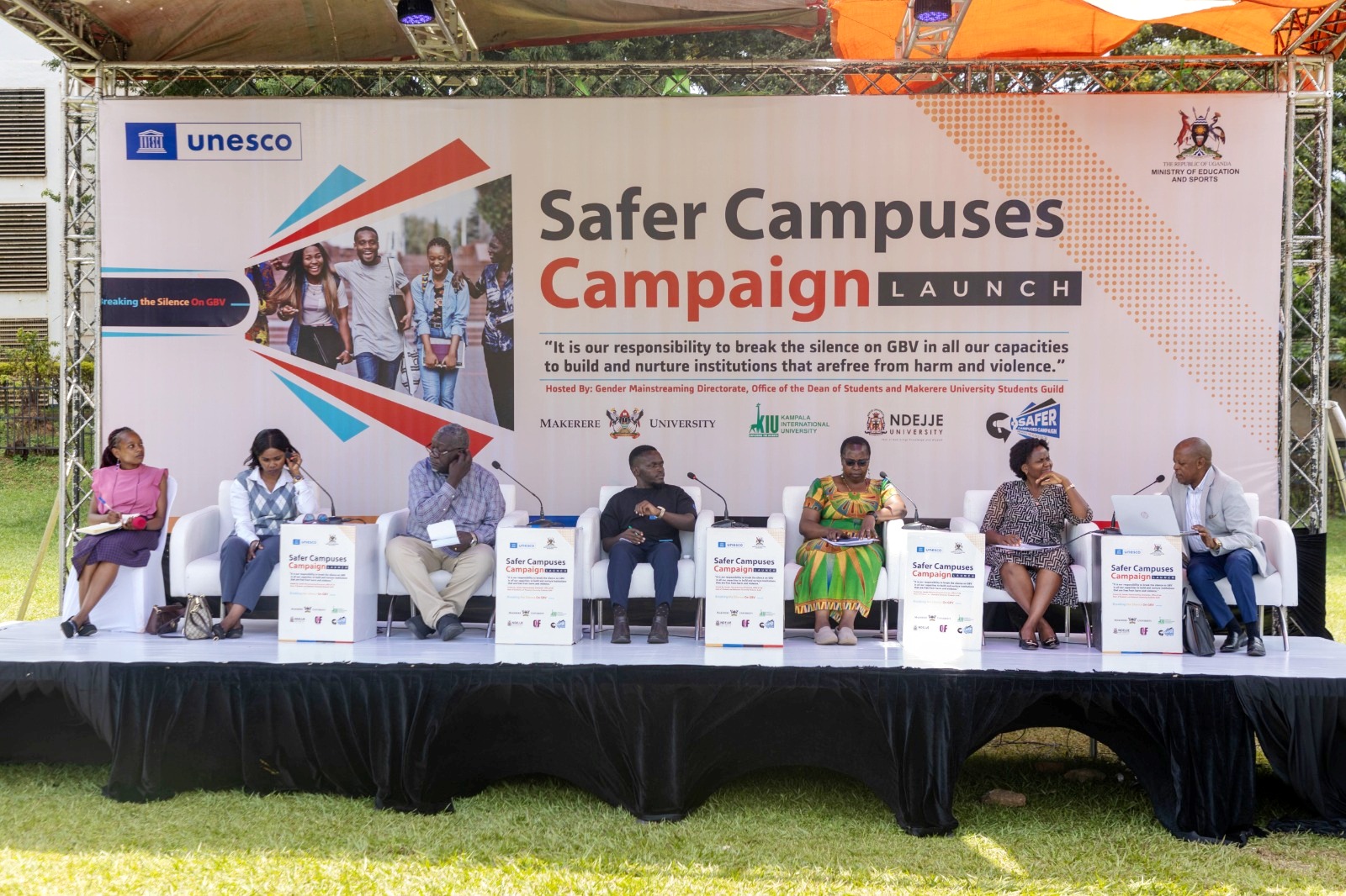 Dr. Euzobia Baine (3rd Right) chairing a panel with speakers from KIU, Mak Jinja Campus, Makerere University Main Campus and MoGLSD. Launch of the "Safer Campuses Campaign," aimed at shattering the silence surrounding Gender-Based Violence (GBV) in partnership with UNESCO, 4th October 2024, Freedom Square, Makerere University, Kampala Uganda, East Africa.