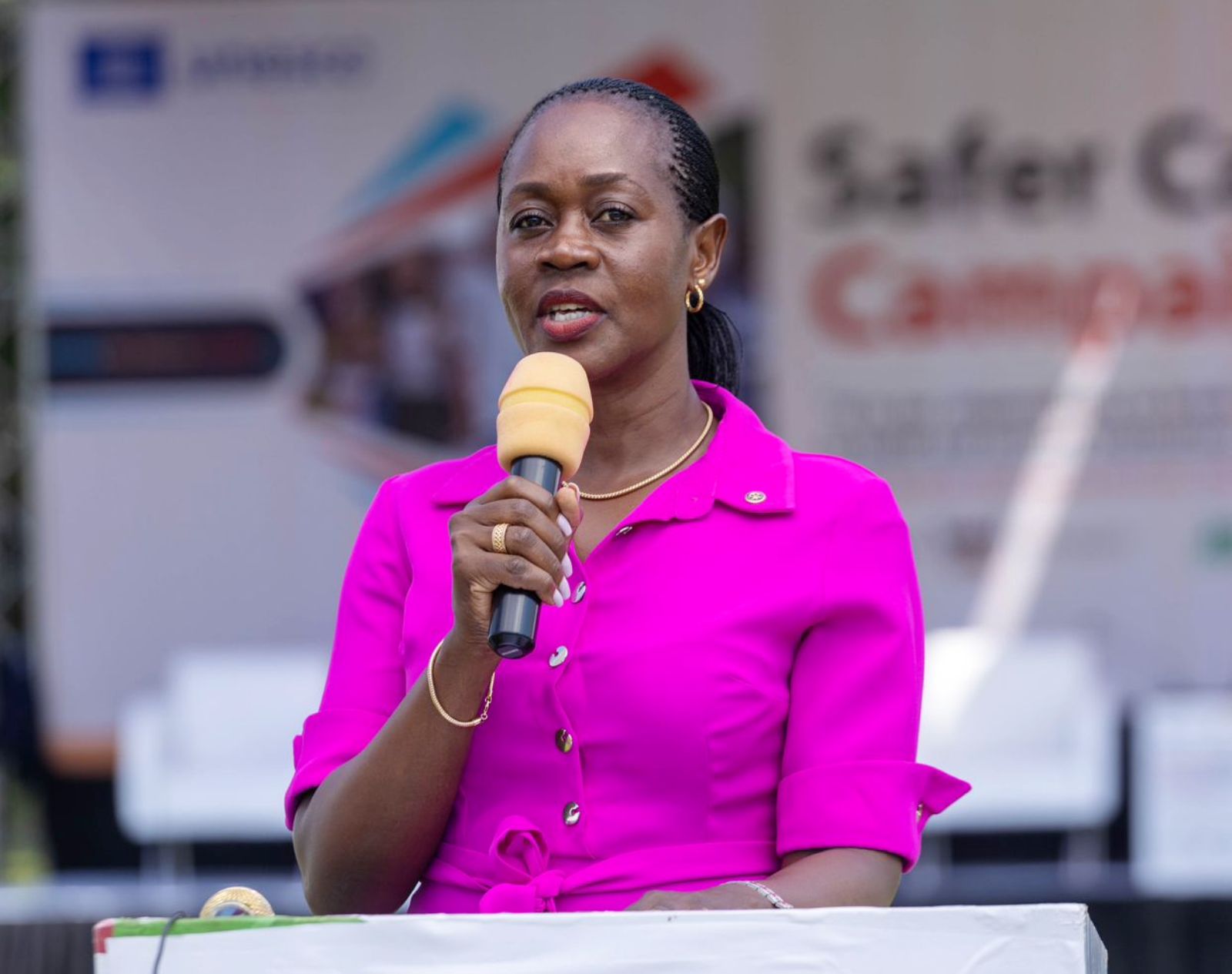 Dean of Students, Mrs. Winifred Kabumbuli who represented the Vice Chancellor, Professor Barnabas Nawangwe gives her welcome remarks. Launch of the "Safer Campuses Campaign," aimed at shattering the silence surrounding Gender-Based Violence (GBV) in partnership with UNESCO, 4th October 2024, Freedom Square, Makerere University, Kampala Uganda, East Africa.