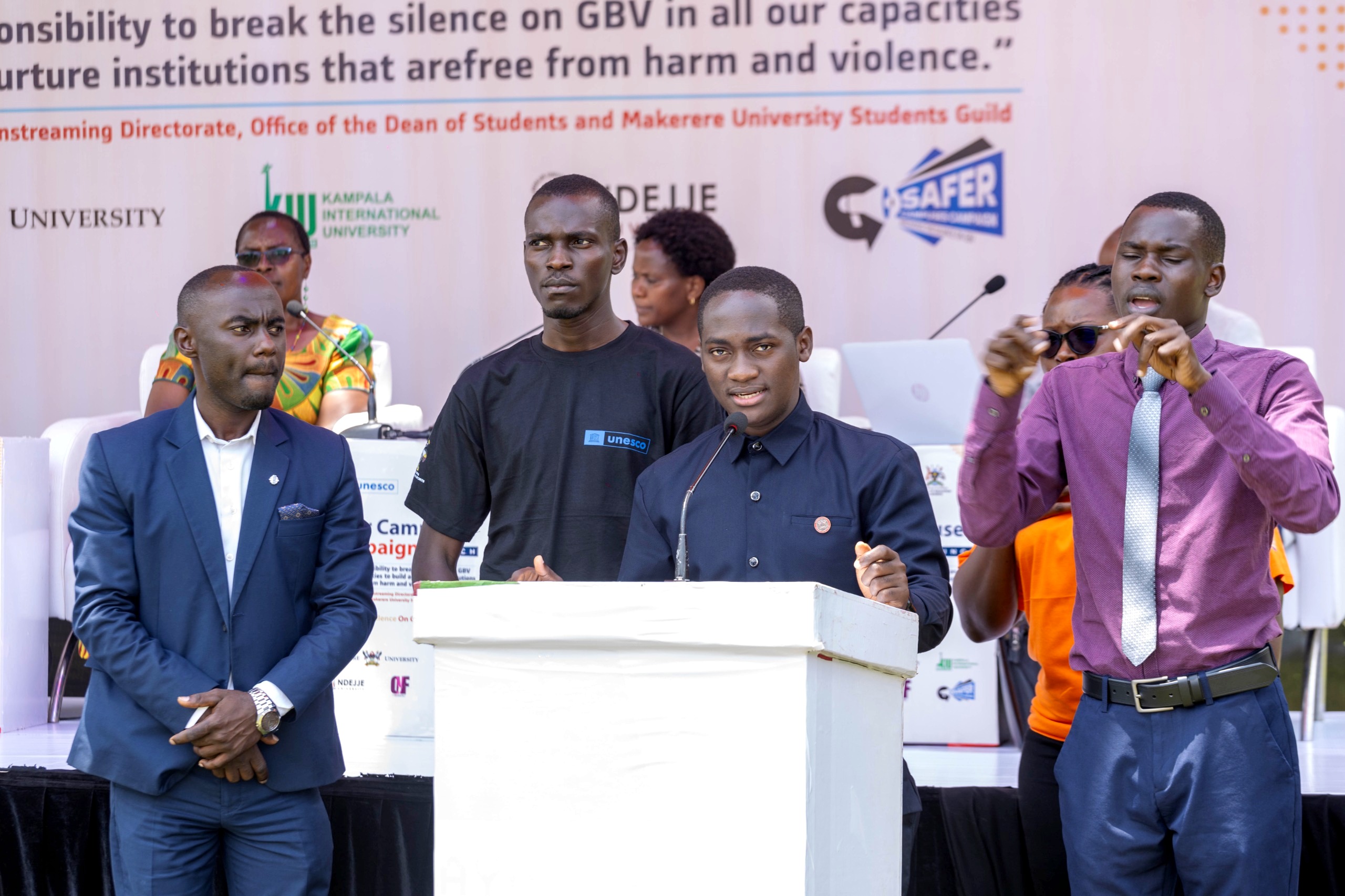 H.E. Nsamba (at podium) with Guild Presidents and guild representatives from participating universities. Launch of the "Safer Campuses Campaign," aimed at shattering the silence surrounding Gender-Based Violence (GBV) in partnership with UNESCO, 4th October 2024, Freedom Square, Makerere University, Kampala Uganda, East Africa.