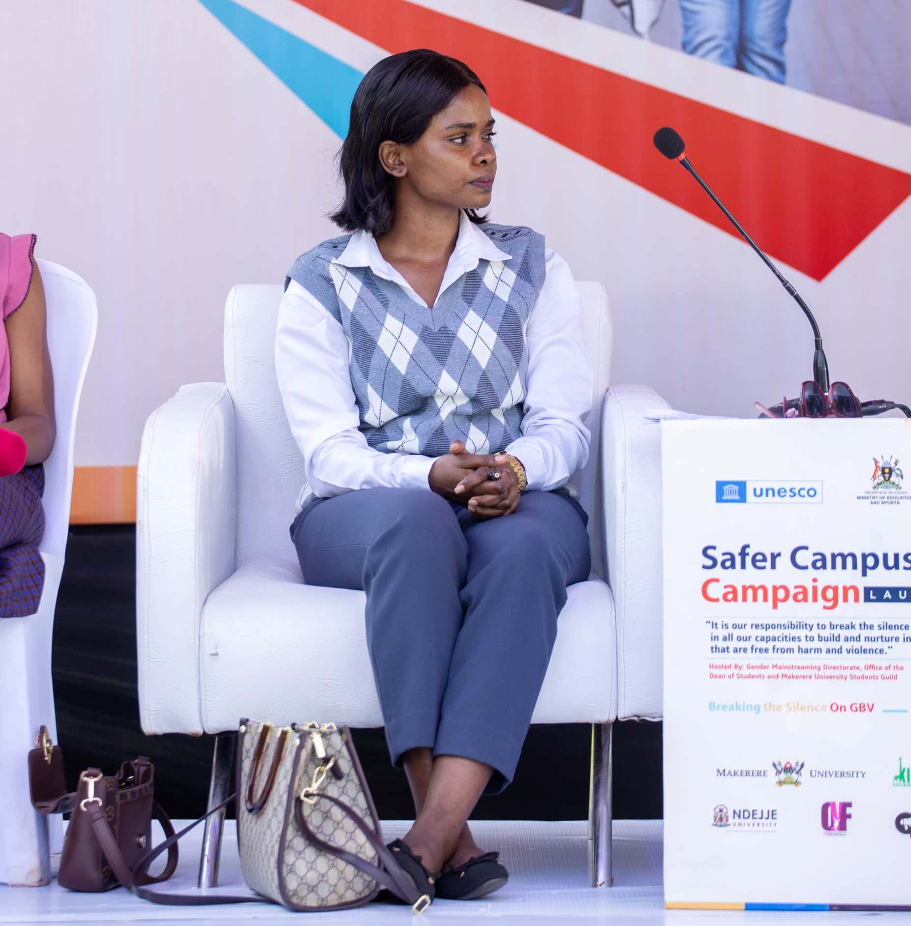 Hon. Denise Christine, Makerere University Guild Minister of Gender, Ethics and Integrity during the panel discussion. Launch of the "Safer Campuses Campaign," aimed at shattering the silence surrounding Gender-Based Violence (GBV) in partnership with UNESCO, 4th October 2024, Freedom Square, Makerere University, Kampala Uganda, East Africa.