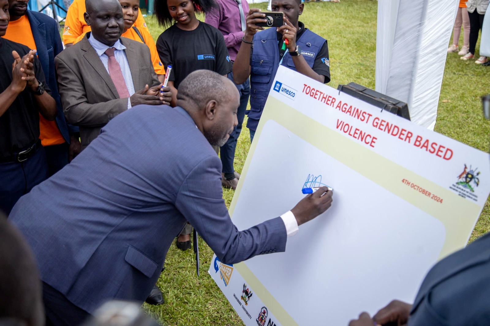 Mr. Mukwatampola Muzamiru officially launches the campaign. Launch of the "Safer Campuses Campaign," aimed at shattering the silence surrounding Gender-Based Violence (GBV) in partnership with UNESCO, 4th October 2024, Freedom Square, Makerere University, Kampala Uganda, East Africa.