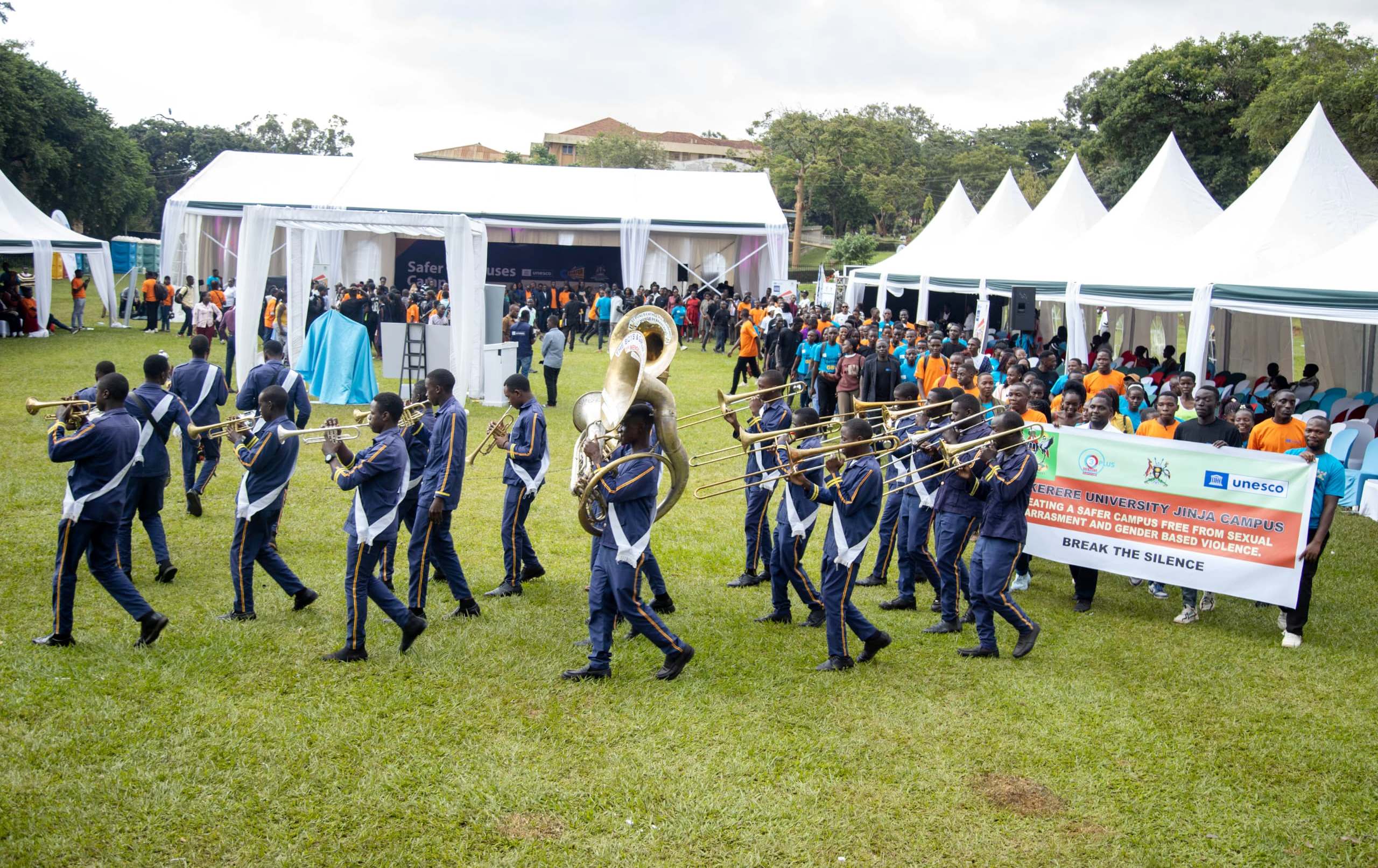 Students led by a Band march during the launch. Launch of the "Safer Campuses Campaign," aimed at shattering the silence surrounding Gender-Based Violence (GBV) in partnership with UNESCO, 4th October 2024, Freedom Square, Makerere University, Kampala Uganda, East Africa.