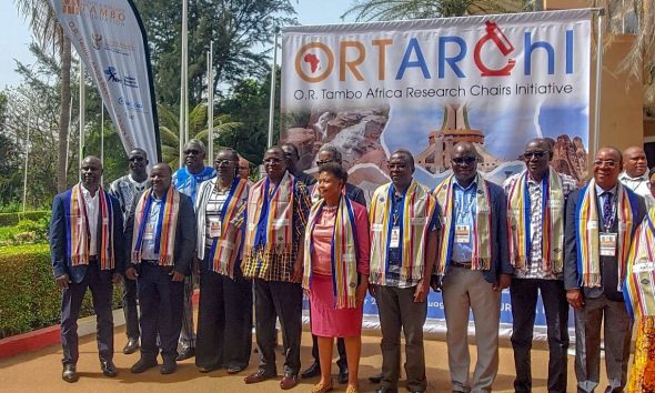 Uganda’s Chair elect, Prof. David Meya of Makerere University’s College of Health Sciences (extreme left) and other O.R. Tambo Africa Research Chairs