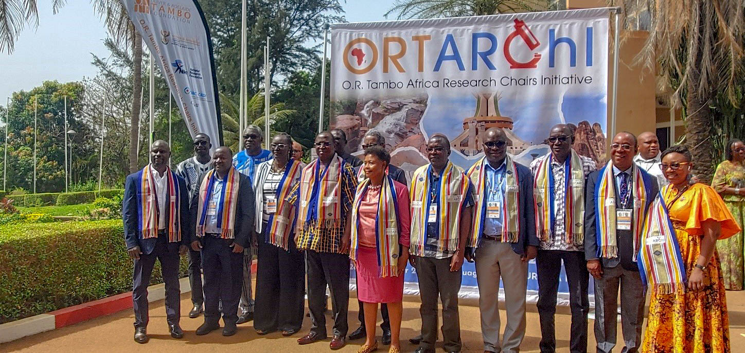 Uganda’s Chair elect, Prof. David Meya of Makerere University’s College of Health Sciences (extreme left) and other O.R. Tambo Africa Research Chairs