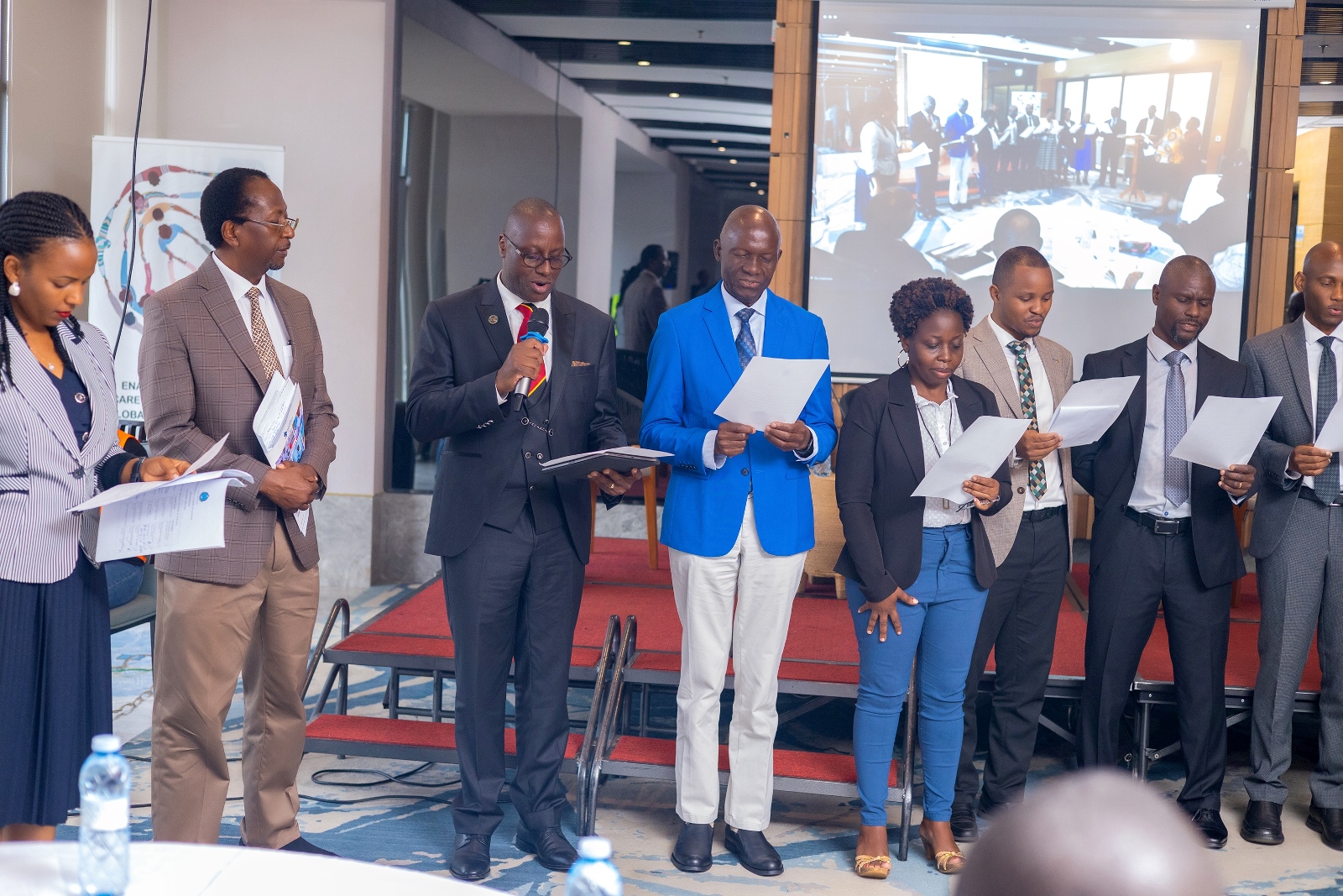 FUNAS fellows take their oaths during the induction ceremony at Four Points by Sheraton Hotel, Kampala. Four Makerere University School of Public Health (MakSPH) faculty induction into the 2024 Uganda National Academy of Sciences (UNAS) fellowship, 1st November 2024, Four Points by Sheraton, Kampala Uganda, East Africa.