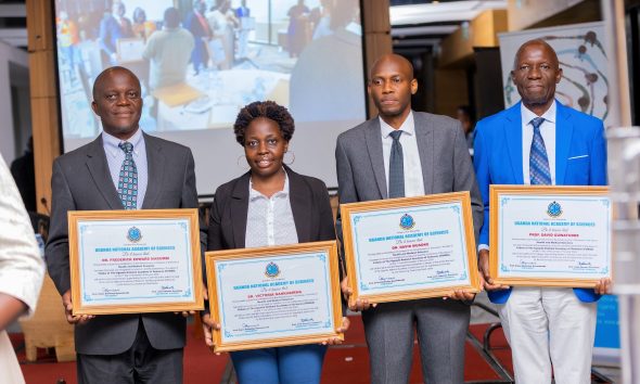 The four MakSPH Staff inducted into the UNAS Fellowship on 1st November 2024 from Left to Right: Dr. Fredrick Edward Makumbi, Dr. Victoria Nankabirwa, Dr. David Musoke and Professor David Guwatudde. Four Makerere University School of Public Health (MakSPH) faculty induction into the 2024 Uganda National Academy of Sciences (UNAS) fellowship, 1st November 2024, Four Points by Sheraton, Kampala Uganda, East Africa.